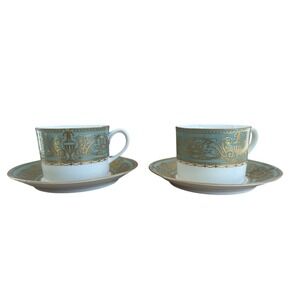 Royal Worcester Balmoral Tea Cups & Saucers Teal Gold Bone China England set /2